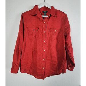 Lauren Ralph Lauren Women Red Linen Button-Up Shirt 1X Long Sleeve Casual Pocket